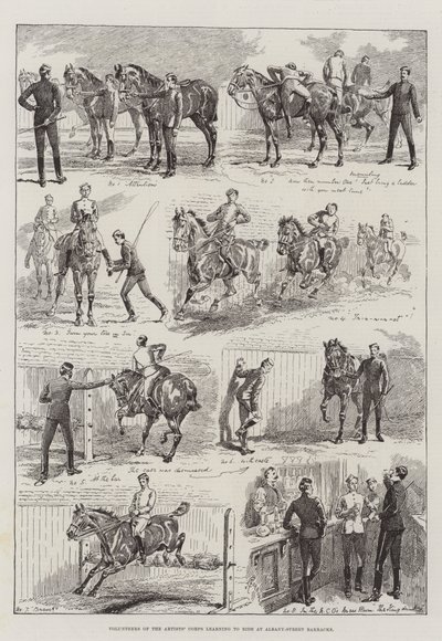 Voluntarios del Cuerpo de Artistas aprendiendo a montar en los Barracones de Albany-Street de Alfred Courbould